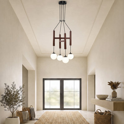 4-Light Mid-Century Modern Pendant Light, Geometric Frame with Frosted Glass Globes, Adjustable Hanging Chandelier for Dining Room & Living Room, Mid-Century Modern Statement Chandelier