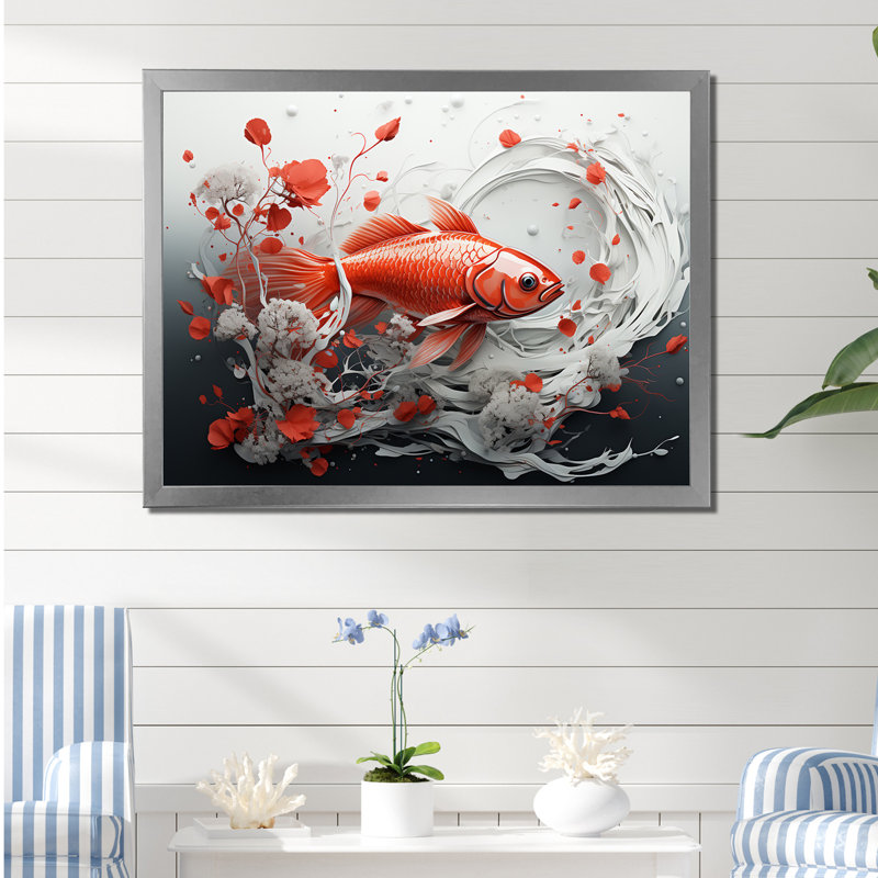 «Kois» rouge et gris nageant avec sérénité I sur toile, Cadre simple argenté, H 12 po x l 20 po x P 1 po