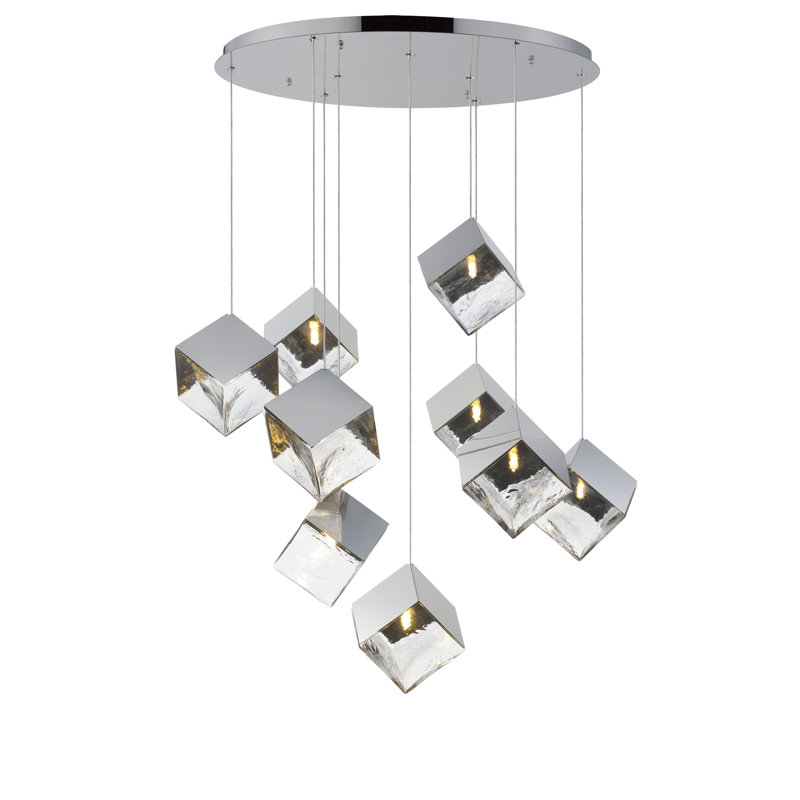 Luminaire suspendu grappe 9 lumières Aliannie, Chrome poli, Argent transparent