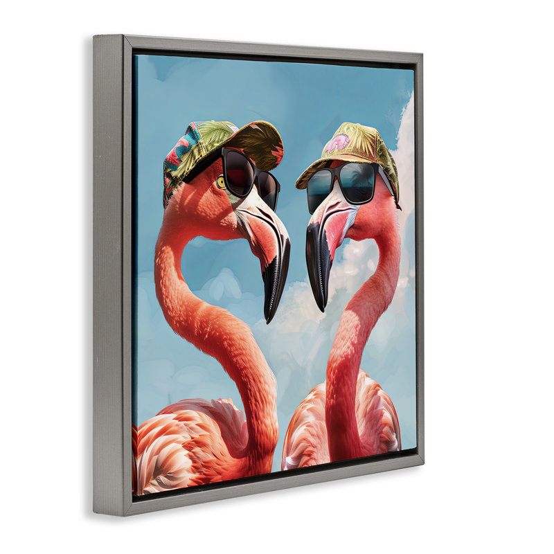 "Flamants avec chapeaux tropicaux", art mural sur toile par Jim Baldwin, H 18 po x l 18 po, Cadre flottant gris lustré