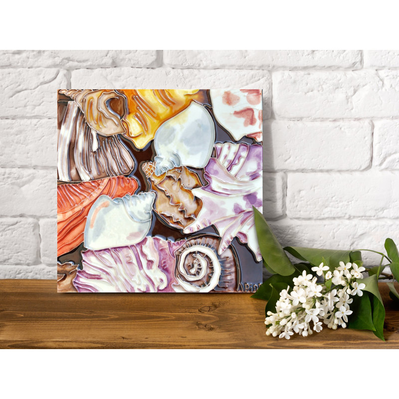 8x8" Hand Painted Ocean Shells Ceramic Tile Wall Décor and Trivet Hot Plate