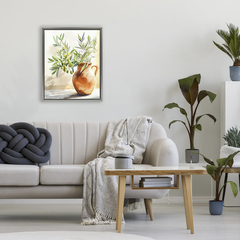 Branche d'olivier dans un cadre flottant en terre cuite, design par LSR Design Studio, 21 x 17, Lustre Grey Floater Framed