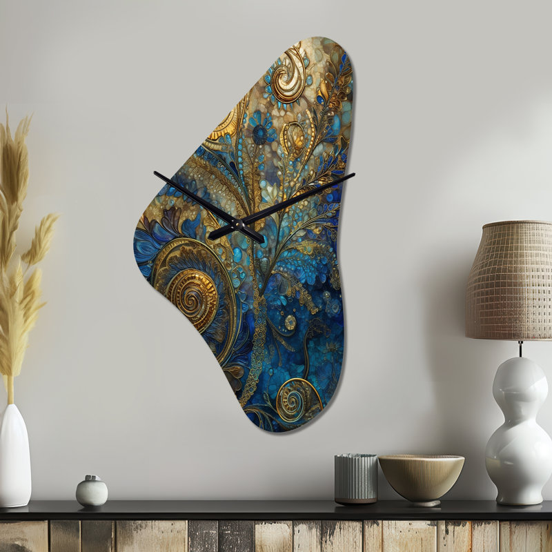 Horloge murale asymétrique en métal bleu et doré - Boho Feather, Médium