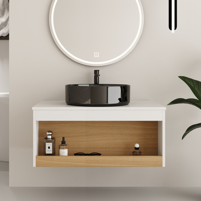 Ensemble de meuble-lavabo mural simple 30 po avec lavabo rond en céramique, Black with white patterns