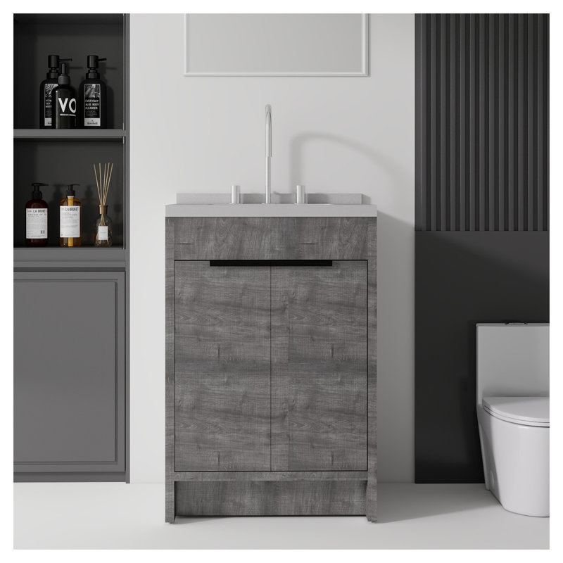 Meuble-lavabo autoportant de 24 po avec lavabo au fini gris, portes à fermeture en douceur, armoire de rangement en contreplaqué