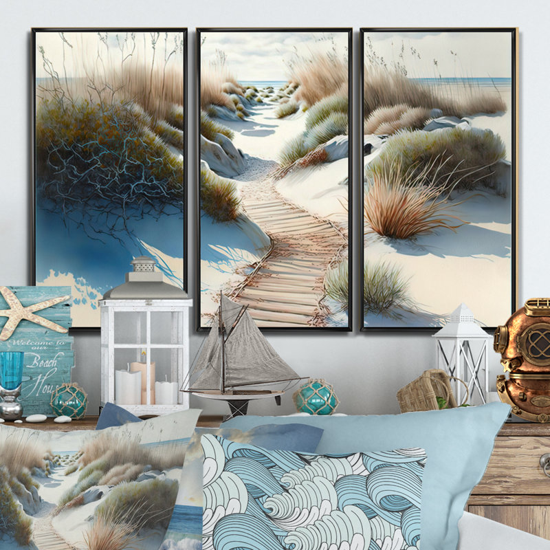 Dimo Walkway To The Beach II - 3 pièces sur toile, H 28 po x l 36 po x P 1 po, Cadre noir