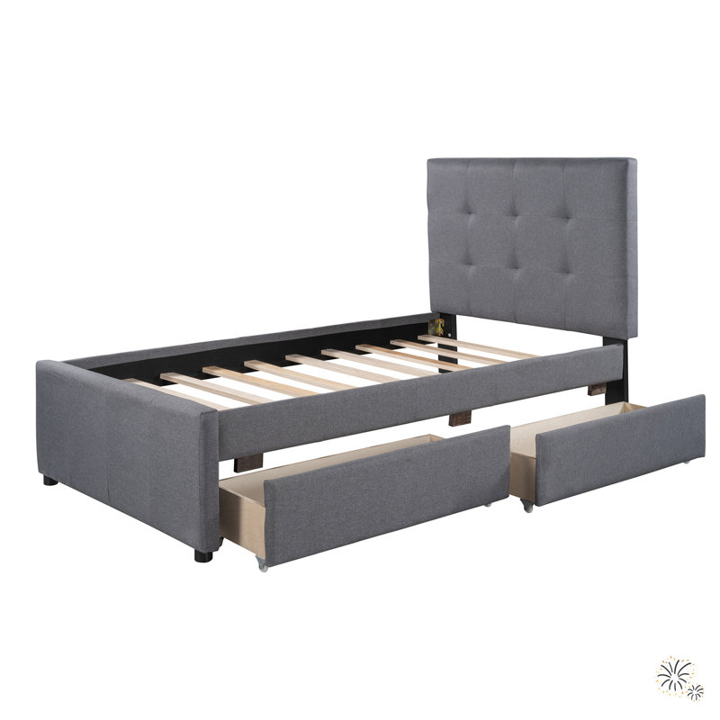 Upholstered Slat Storage Bed, Twin, Gray