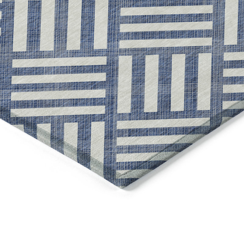 Tapis extérieur lavable à motif géométrique bleu marine et ivoire 3 pi x 5 pi
