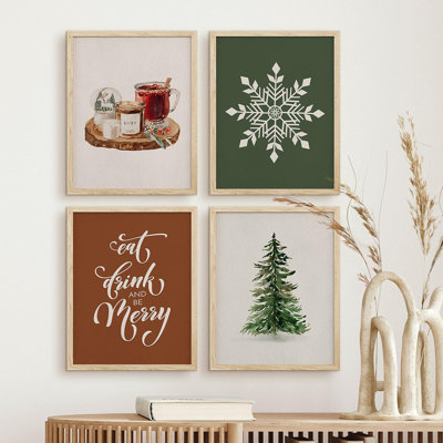 " Merry Christmas Pine Tree Snowflake Mulled Wine " 4 - Pieces