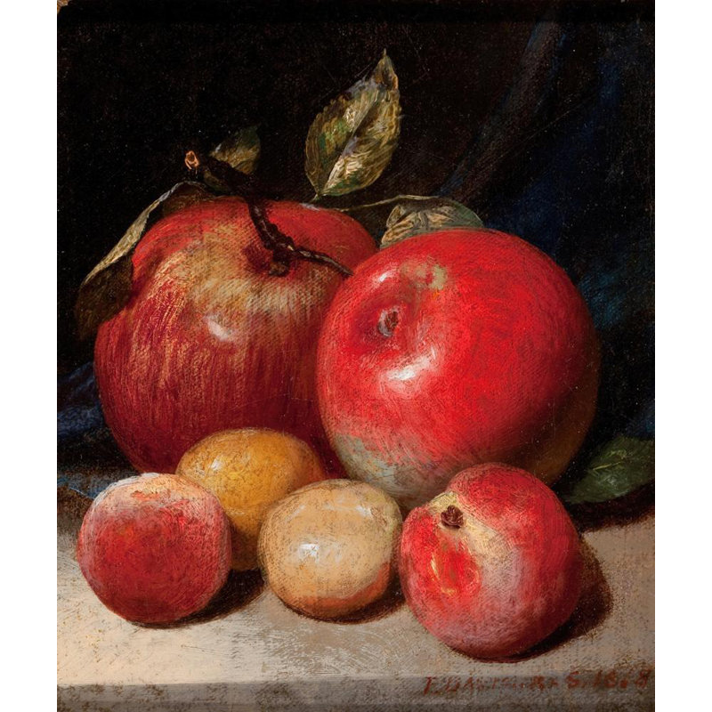 «Still Life with Apples and Plums» par Peter Baumgras - Art mural sur toile tendue avec châssis, H 24 po x l 17 po