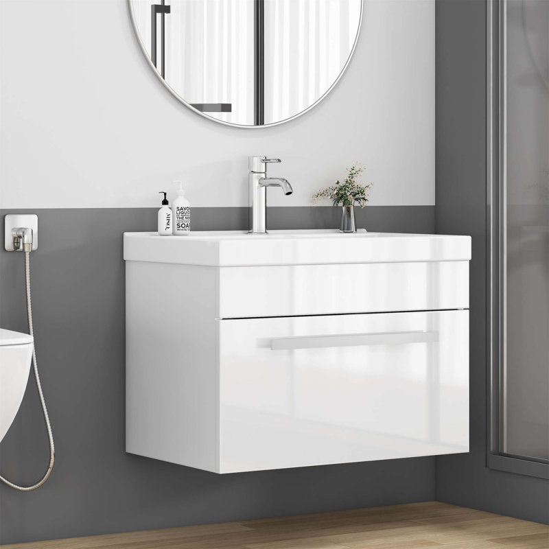 Meuble-lavabo mural de 24 po avec tiroir à fermeture en douceur, finition blanc brillant et lavabo en céramique à bords épais unique pour les salles de bain modernes