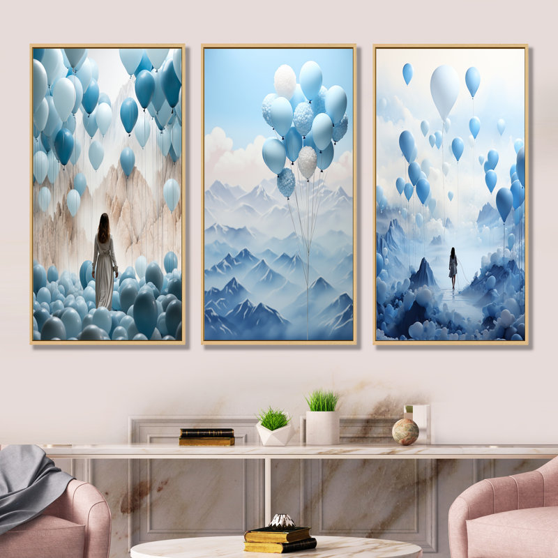 Sky Is The Limit Woman Motivation I - Ensemble de 3 décorations murales Motivation, Cadre flottant brun, H 32 po x l 48 po