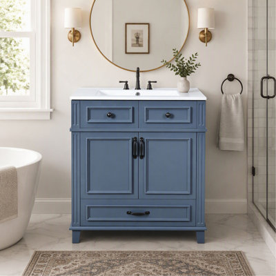 Meuble-lavabo de salle de bain, 30 po, avec lavabo en céramique, structure en bois massif, portes à fermeture douce, style rétro - bleu