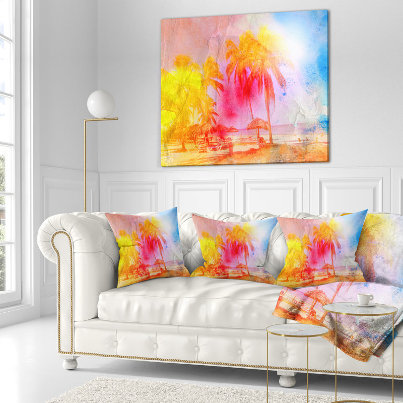 Coussin à imprimé aquarelle rétro - palmiers jaunes, 18 po x 18 po, Oreiller européen