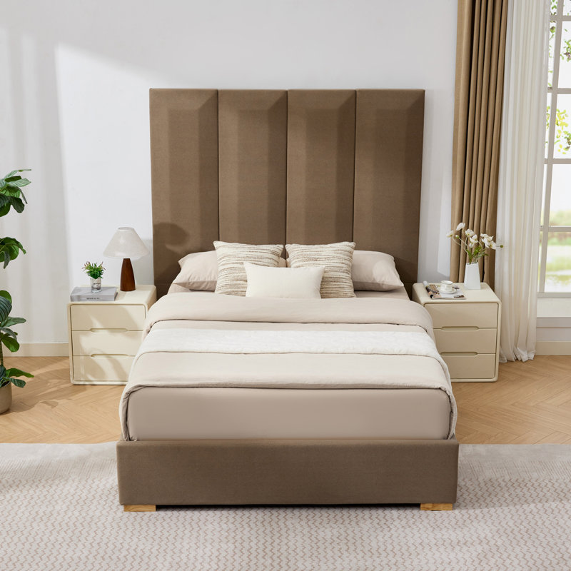 Grande tête de lit tapissier avec 2 tiroirs de rangement en bois Coletti, Grand lit, Taupe