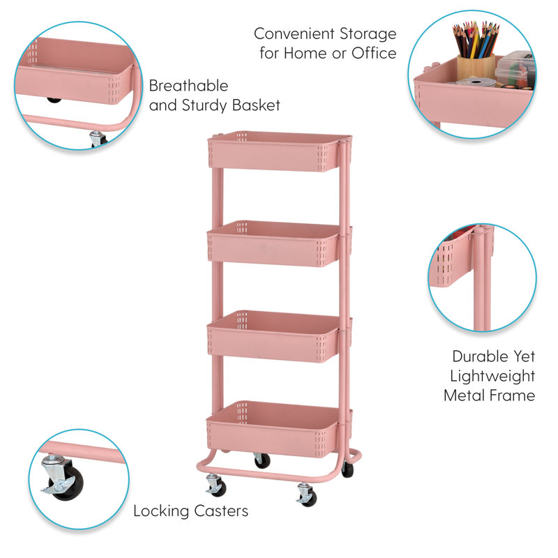 Blush Pink 4-Tier Metal Rolling Utility Cart