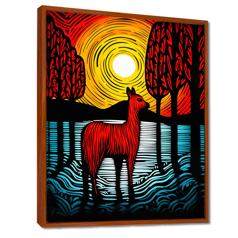 Minimal rouge, forêt d'alpaga, coucher de soleil, Toile avec cadre brun, H 20 po x l 12 po x P 1 po