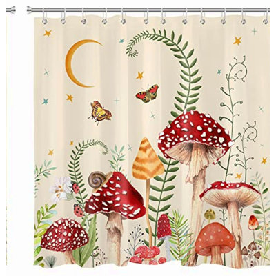 Retro Botanical Mushroom Shower Curtain - Boho Floral, Moon & Stars, Wildflowers, Green Plant Aesthetic, Waterproof & Durable, with 12 Hooks
