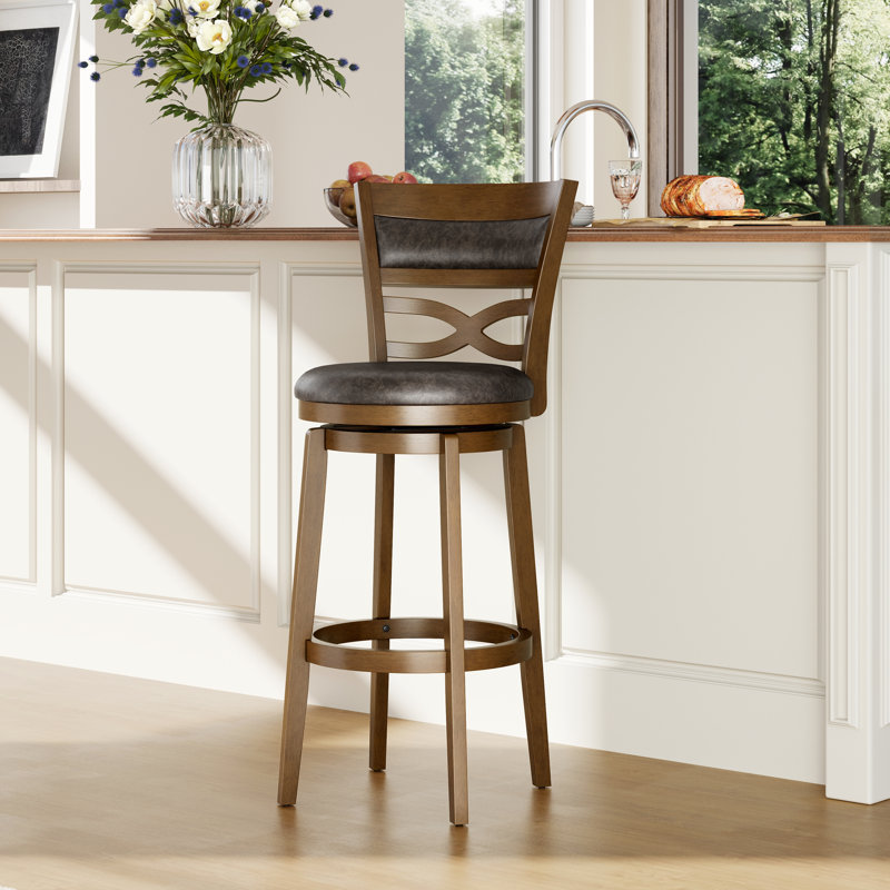 Tabouret de bar pivotant rembourré de 76 cm (30 po) avec cadre en bois massif et siège en similicuir pour la cuisine (ensemble de 2)
