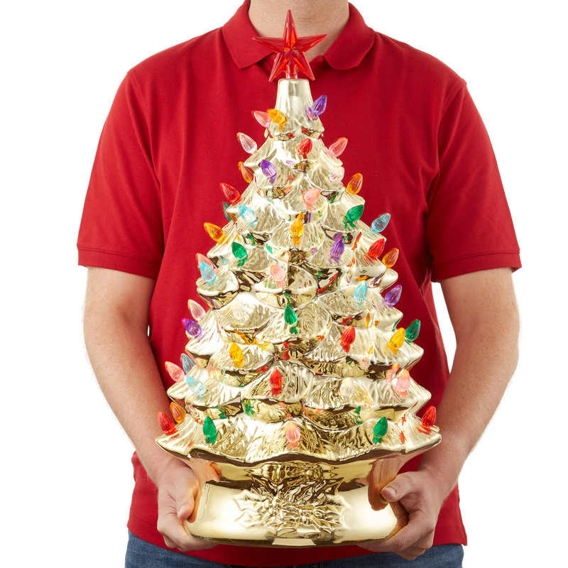 Arbre de Noël en céramique peint à la main 24 po, arbre illuminé avec étoile, Or