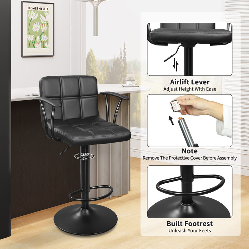 Double Needle PU Leather Height Adjustable Swivel Barstools With Back and Armrest, Black, Black