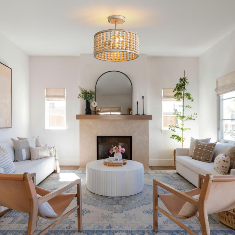 Boho Farmhouse 12,6 po Plafonnier semi-encastré lustre perlé 2 lumières chêne blanc