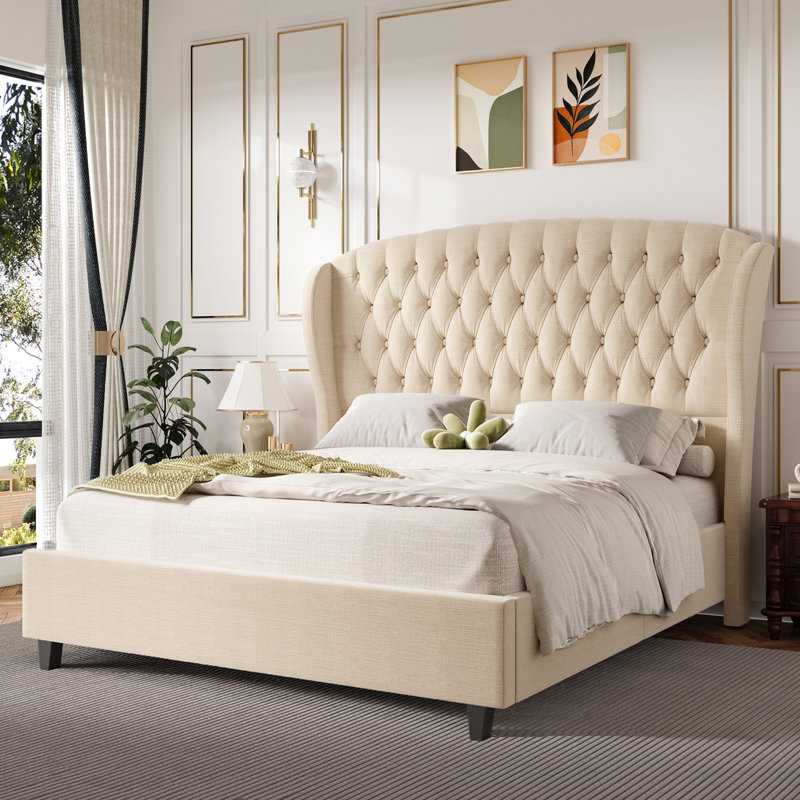 Lit plateforme tapissier Alaijha, Grand, Beige