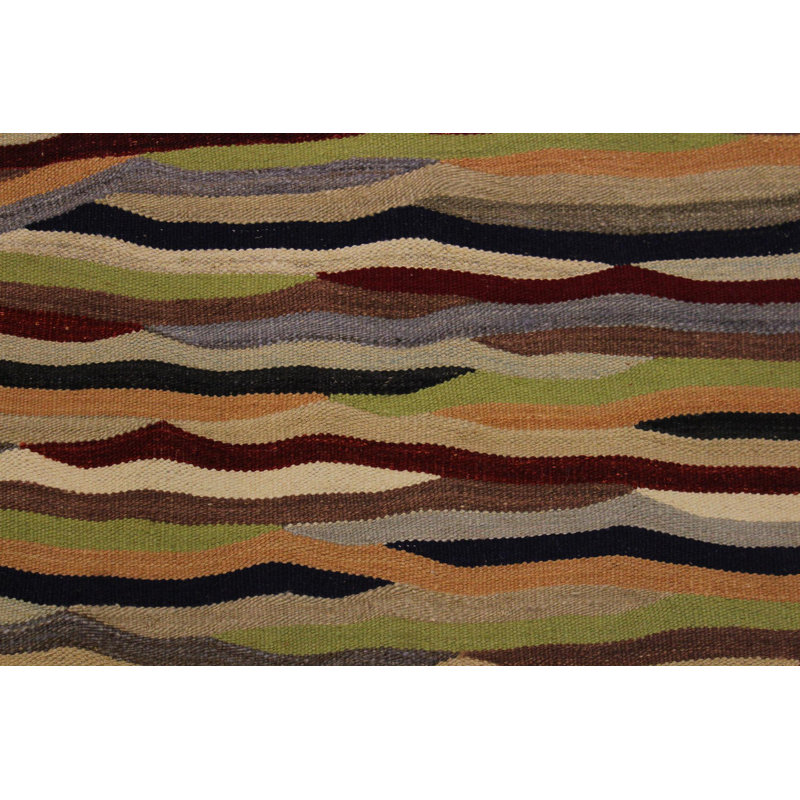 Tapis beige / rouge en laine fabriqué à la main de conception unique 4 pi 11 po x 6 pi 9 po Lowenna