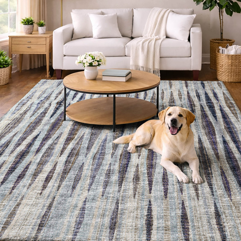 Tapis à rayures texturé de qualité supérieure lavable à la machine ADS31, Océan, 9 pi x 12 pi