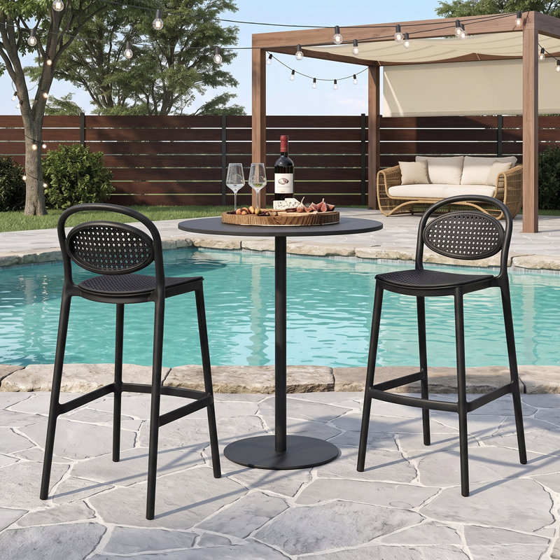 Tabouret de bar empilable de 76 cm (29,9 po), tabouret de comptoir en plastique résistant aux intempéries, sans assemblage, avec dossier et assise imitation rotin pour une utilisation intérieure et extérieure.
