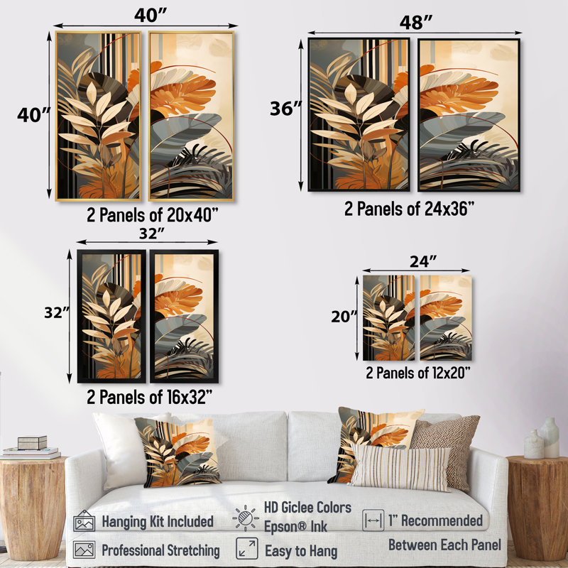 Funky Foliage In Terracotta Tones - Abstract Botanicals, impressions sur toile, art mural abstrait jaune, 2 pièces