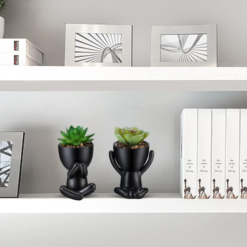 Fausse plante grasse, mini plantes grasses artificielles en noir en forme d'homme moderne en céramique Pots de bureau, plante de bureau pour la décoration de bureau pour les femmes