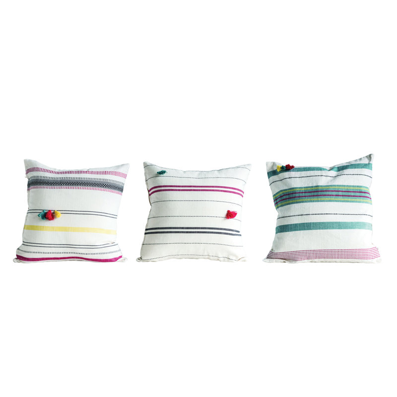 Handwoven Striped Cotton Pillow with Mini Tassels