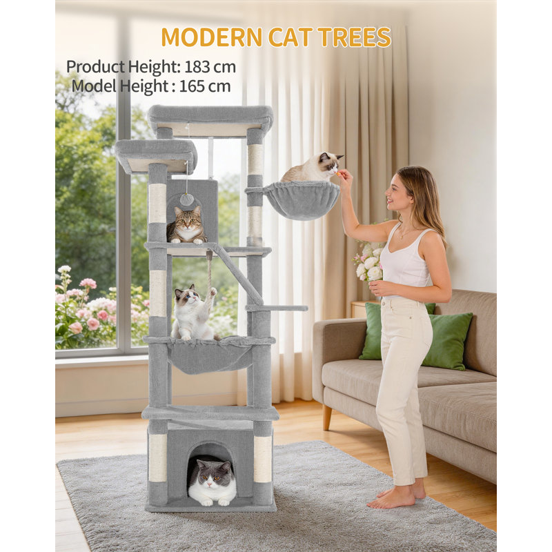 Large Cat Tree, 183 cm Tall Cat Tower for Indoor Cats Large Cats, Corner Climbing Tower with 6 Sisal Scratching Posts, 2 Large Platforms, 2 Caves, Hammocks, Stairs