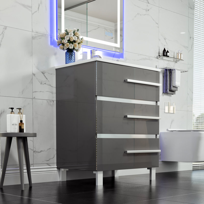 Meuble-lavabo simple 24 po avec plateau en porcelaine Marlaya, Gris