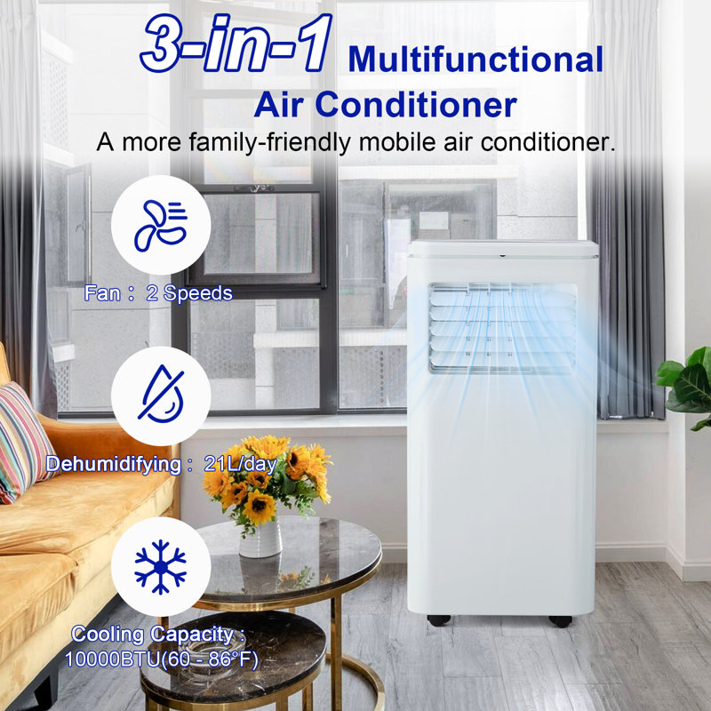 Climatiseur portatif 10 000 BTU, unité de climatisation 3-en-1 avec télécommande et minuterie 24H, refroidit jusqu'à 450 pieds carrés Pi., Unité de climatisation portable avec déshumidificateur et ventilateur, mode veille, ensemble de fenêtre inclus, couleur blanche.