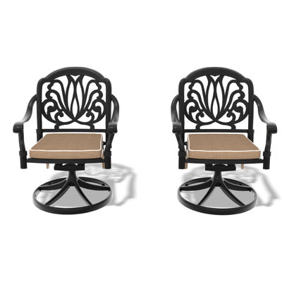Paire de chaises de patio pivotantes en fonte d'aluminium avec structure et coussins noirs. , Soutien maximal. Fabrication facile des chaises 2 pièces, confortable pour la détente en plein air. Simple