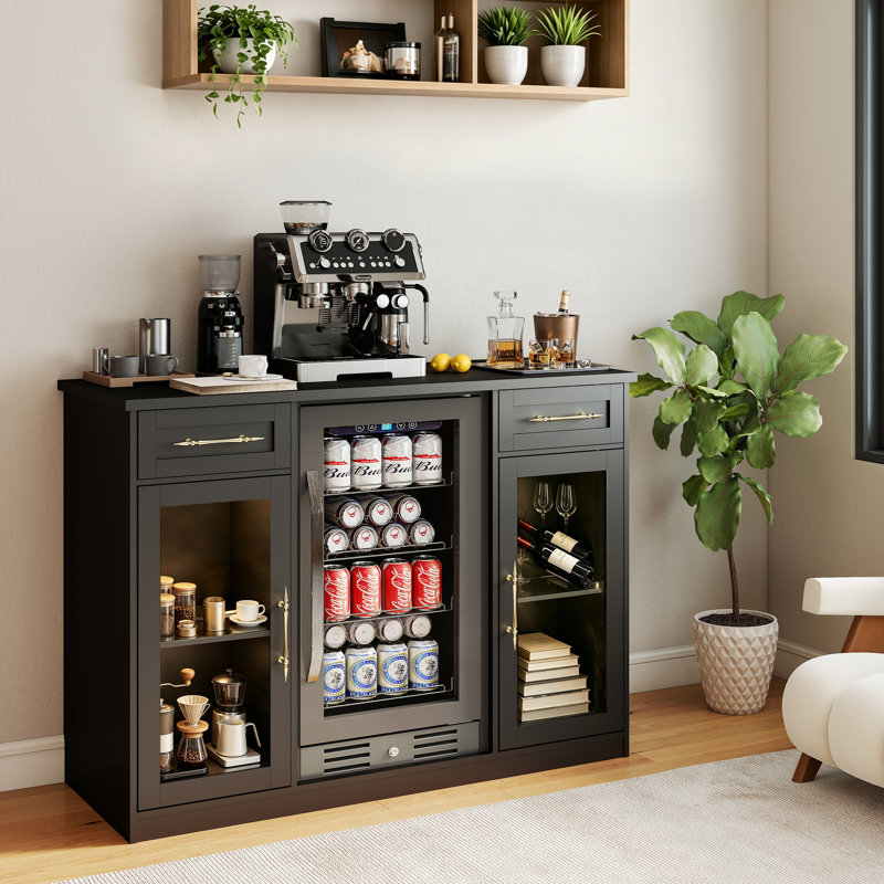 Armoire à café avec mini espace réfrigérateur, lumières DEL et prise de courant, mini armoire réfrigérateur avec tiroir pour le salon, noir