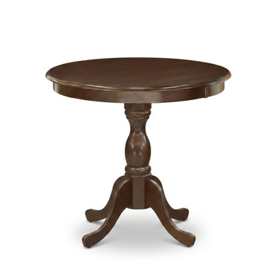 Ensemble de salle à manger rond 3 pièces en acajou, suède, bois d'hévéa et lin, avec chaises Parson rembourrées et capitonnées. Garniture cloutée.