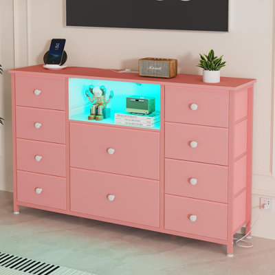 Dresser with Charging Station and LED Lights, Dresser for Girls Bedroom