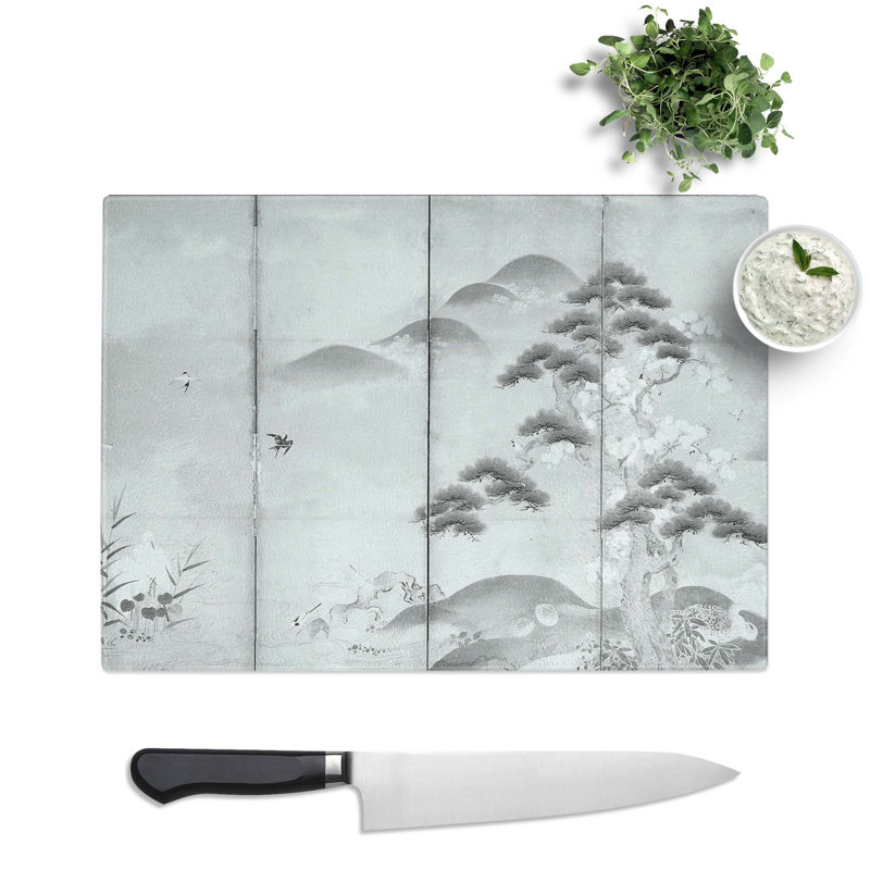 Tempered Glass Birds and Flowers of Four Seasons by Kano Tan'yu Chopping Board, 39cm W x 28.5cm L
