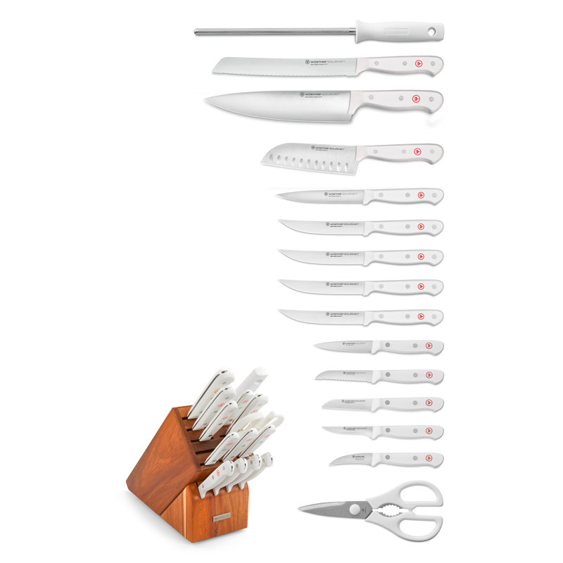 WÜSTHOF Gourmet White 12-Piece Knife Block Set, Acacia, 16-Piece