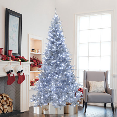 7.5Ft Pre-Lit Cool White Lights Silver Full Artificial Christmas Tree