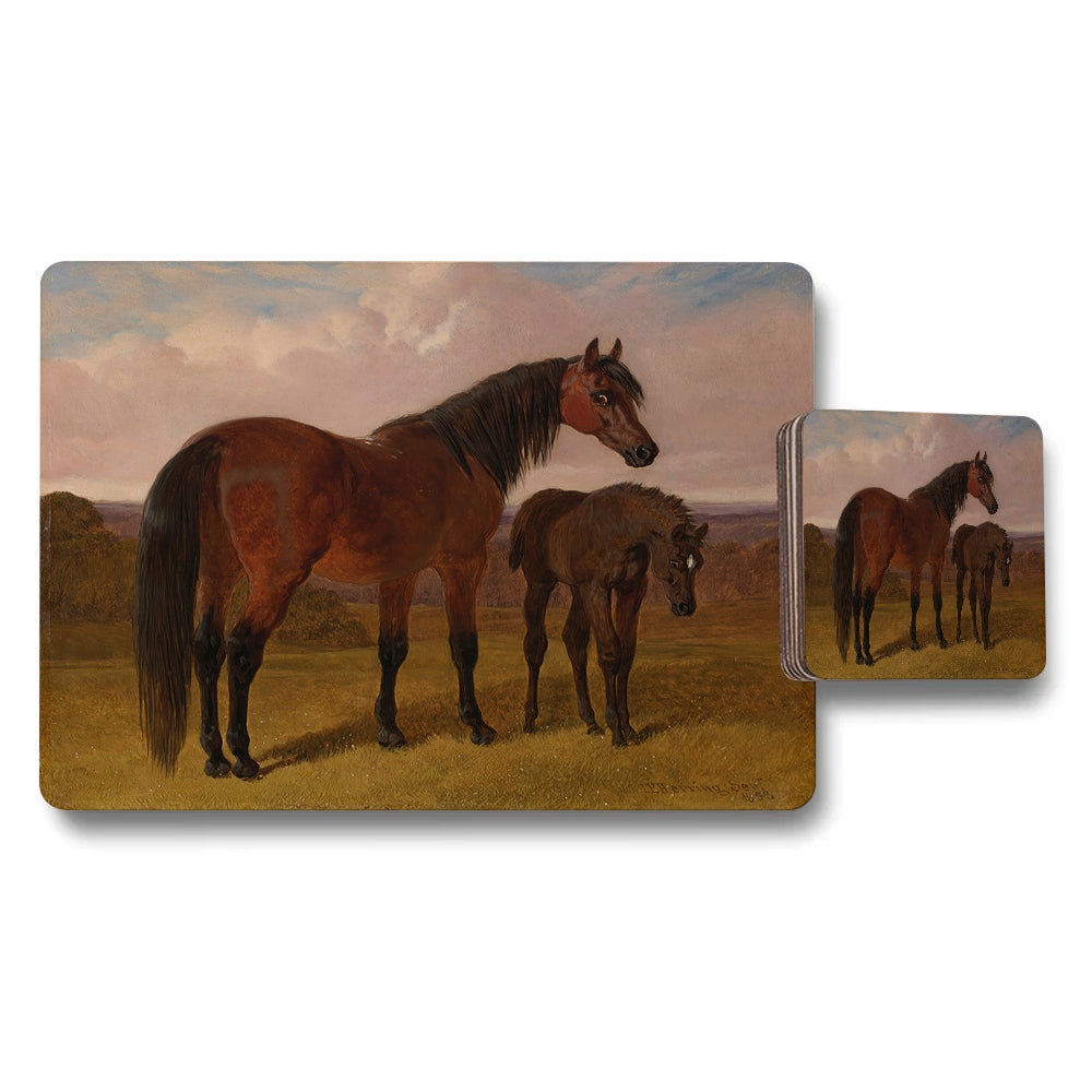 Horse And Foal Placemat And Coaster Set With Rustic Field Art