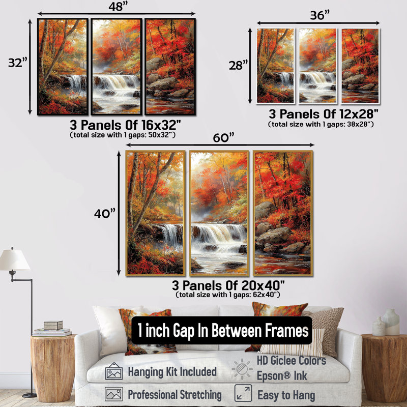 «Red Autumn Mountain Waterfall Long View II - Waterfall Wall Art Living Room», ensemble, Toile avec cadre flottant brun