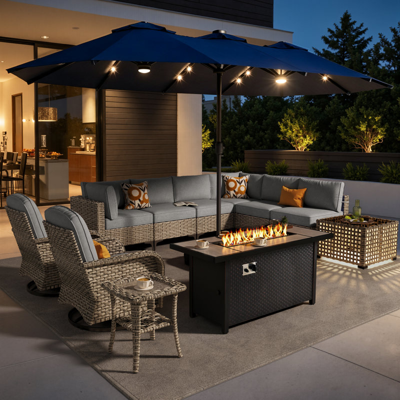 Ensemble de 12 meubles de patio extérieur avec table de foyer 54 po, table basse à lumière solaire et parasol double face 14,5 pi avec base, siège en osier PE pour 8