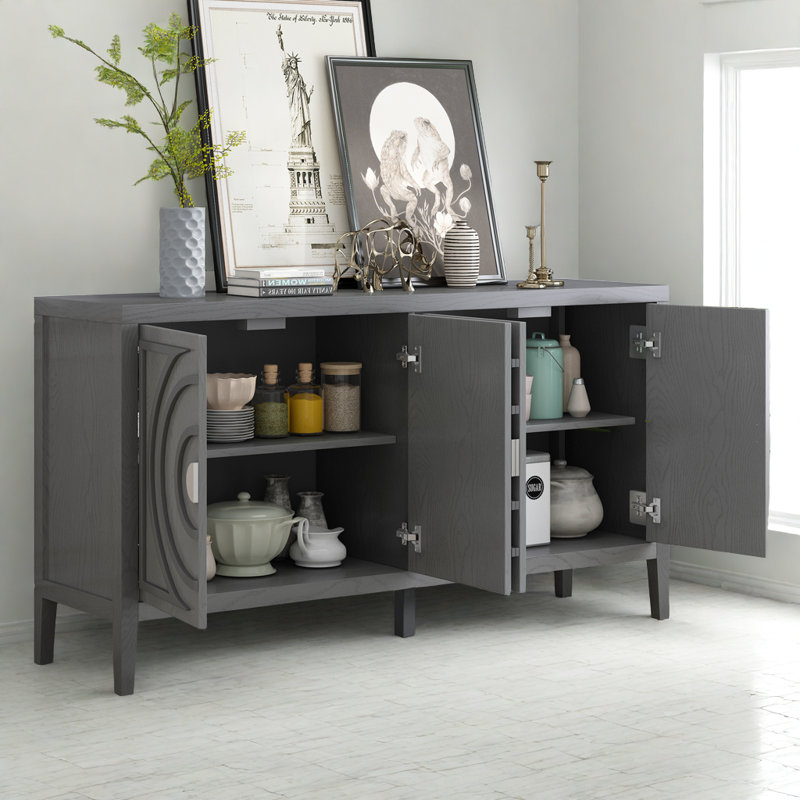 Floyds 60" W Retro Sideboard door with Circular Groove Design,Dining cabinet,Buffet table, Gray