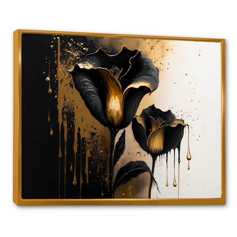 Décoration murale noire et dorée Cally Lillies - Calla Lily, Toile avec cadre flottant or, H 30 po x l 40 po x P 1,5 po