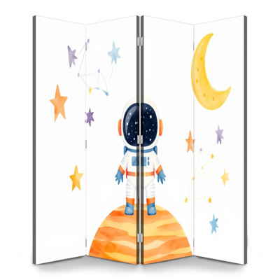 Paravent 4 panneaux paravent Mignon astronaute royal debout Orange Planète Lune Toile Séparateur de pièce Paravent de protection autoportant Cloison d'intimité