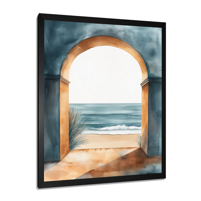 Horizon des vagues bleues et dorées II - Tableau encadré de plage côtière, H 40 po x l 30 po, Cadre photo noir
